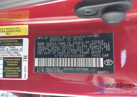 2010 Toyota Camry Se z USA, uszkodzony, nr VIN 4T1BF3EK1AU520667